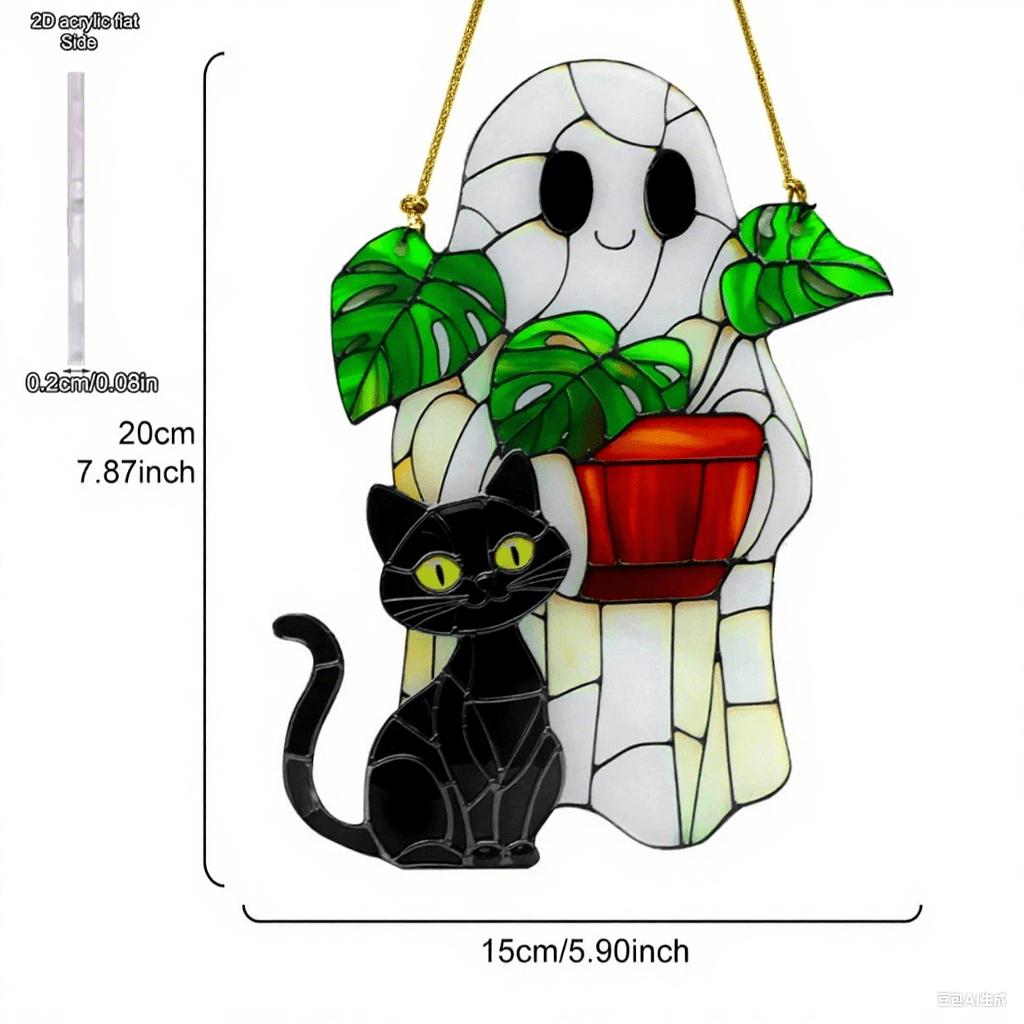 1pc Cute Halloween Ghost Hanging Decor Acrylic Black Cat & Potted Plant Decortive Sun Catchers Window Ornament, Four Seasons Decoration