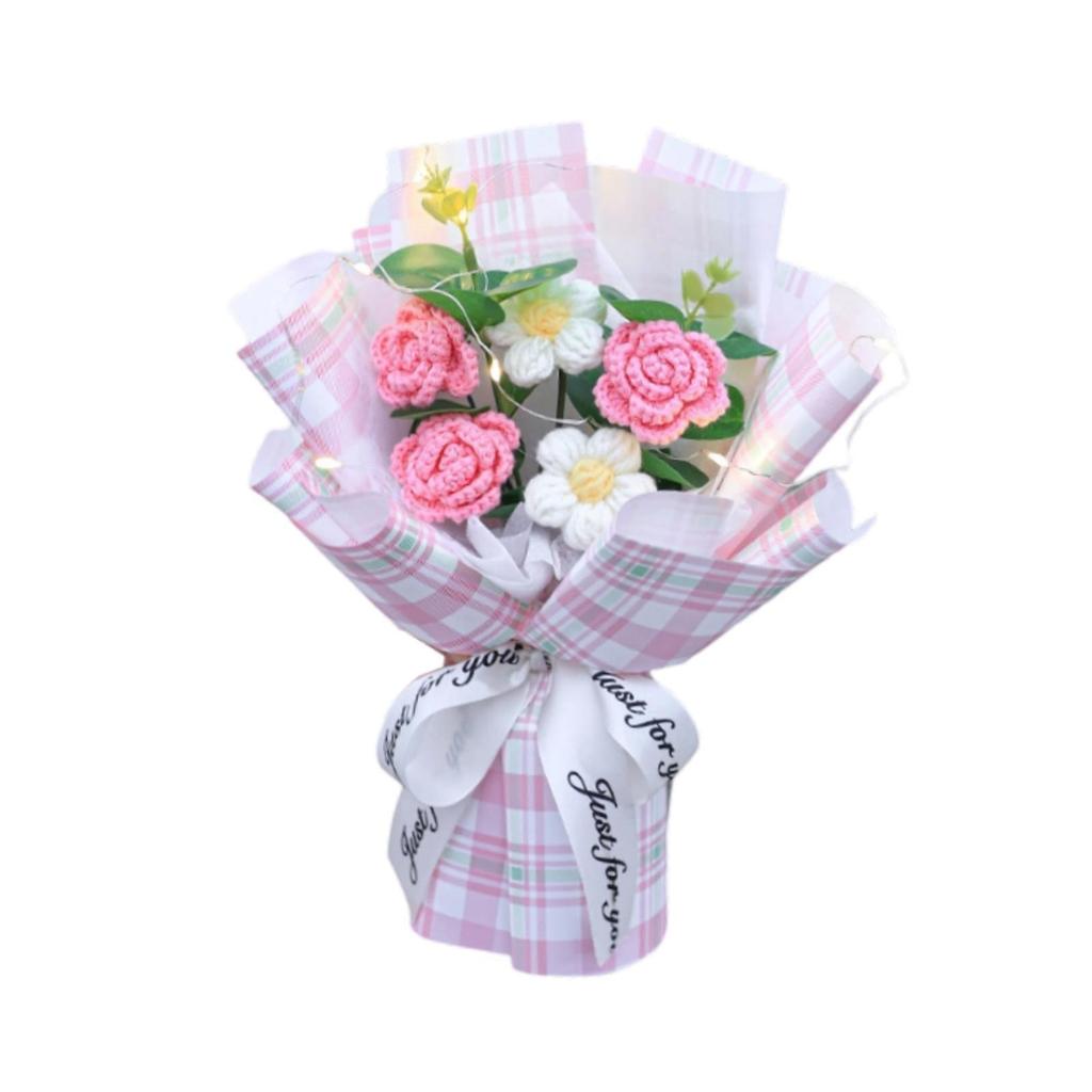 Crochet Flowers Bouquet Decorative with Light Delicate Knitted Bouquet for Anniversary Festival Women Friends Mom