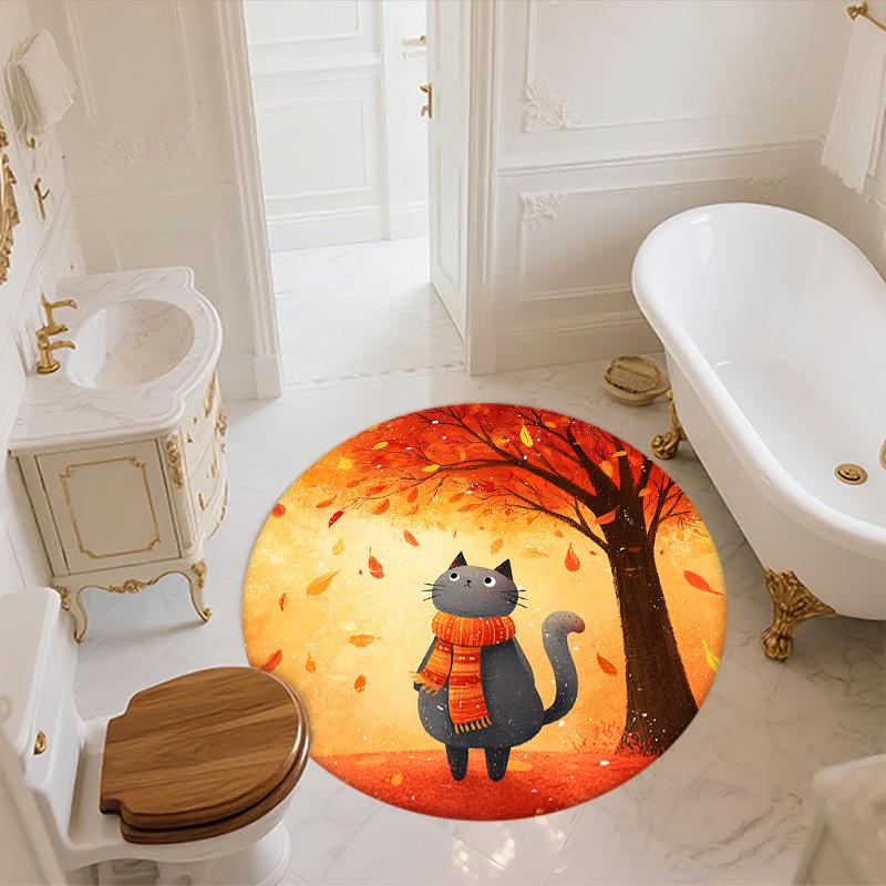 Cat with Leaf Scarf,Round Area Rug,Carpet Rug for Living Room Bedroom Sofa Playroom Decor,Non-slip Floor Mat