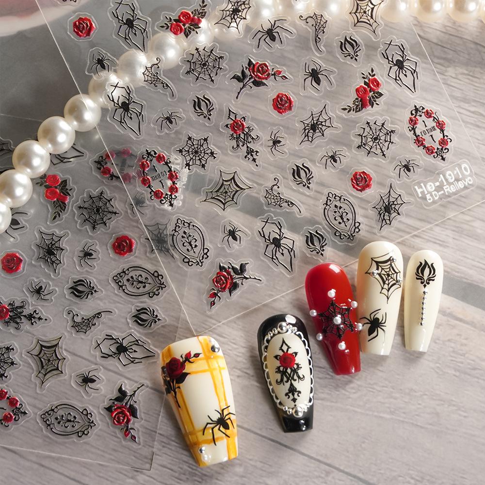 Dark Night Rose Spider Nail Stickers - Vintage Red Rose Spiderweb Halloween Self-Adhesive Nail Decorations