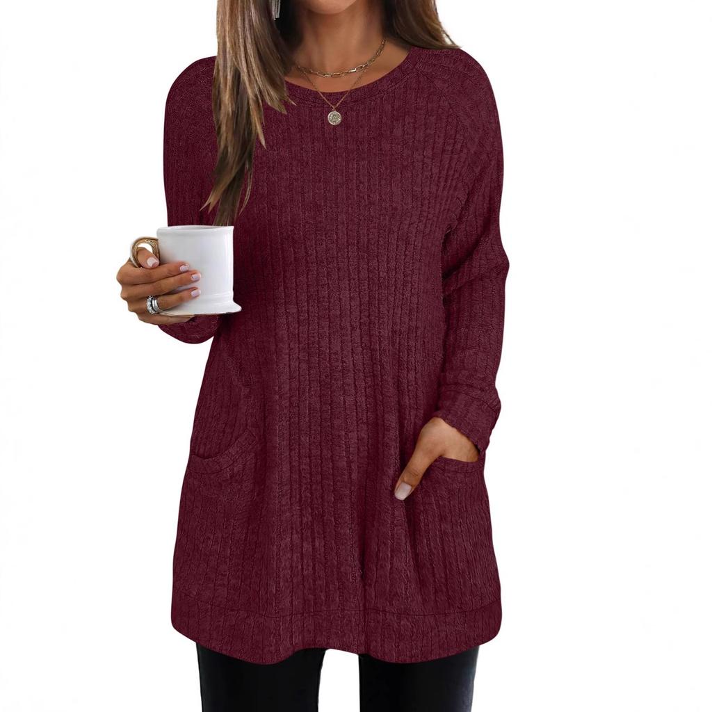 Women's Crew Neck Long Sleeve Knit Tunic Loose Fit Elegant Casual Solid Color Pocket Long Top Fall Pullover Shirt