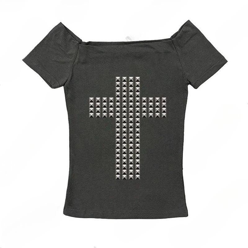 T-shirt Manches Courtes Femme 2KWEIRD Punk Rock Hip Hop Gothique Sexy Aminci Chic Basiques Décontractés Décor Métallique Crop Tops Vêtements Emo Girl Y2K