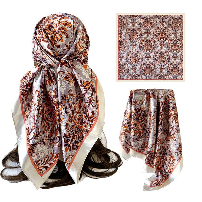 Vintage-print Silk Scarf, 90×90cm, Faux Silk Headscarf, Glossy Satin Headscarf, Head-wrapping Scarf