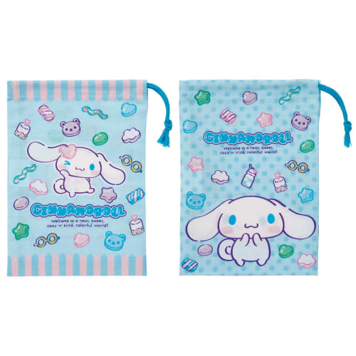 Skater Children's Lunch Bags, Set of 2, 15x20cm, Drawstring, Made In Japan, Sanrio Cinnamoroll and Mashu Gummy Designs, KB63W-A