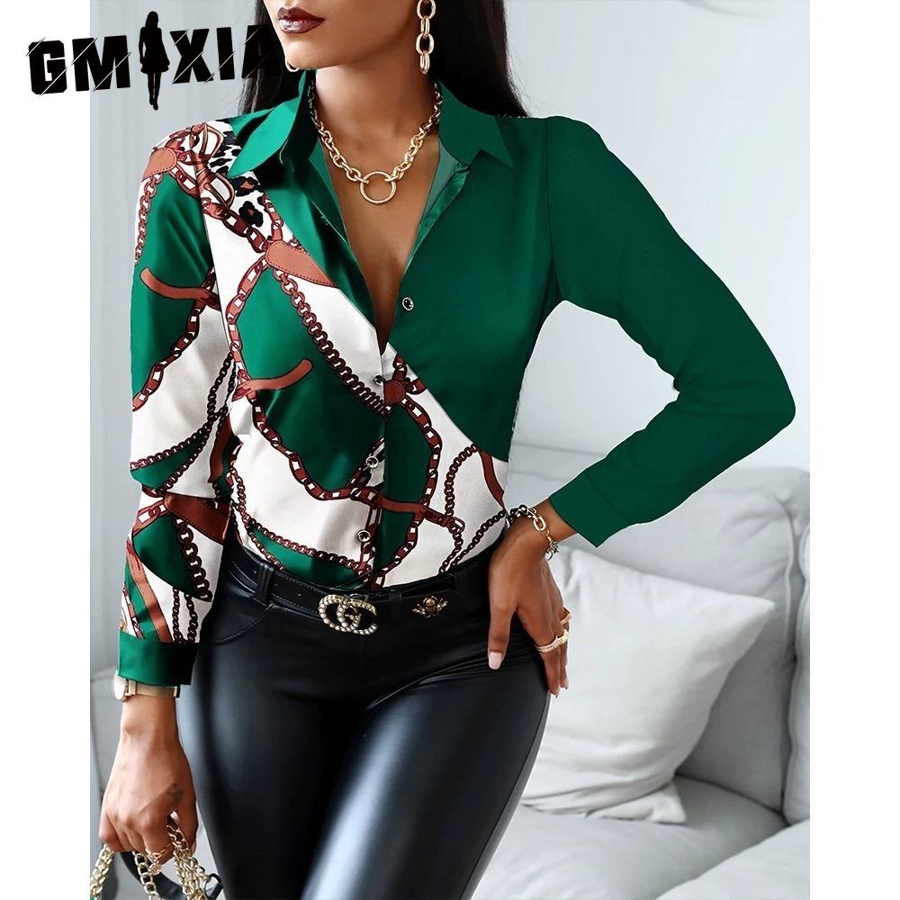 GMXIA Women's Fashion Casual Solid Color Print Long Sleeve POLO Neck Blouses & Shirts