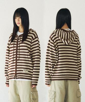 Sudadera con capucha de punto a rayas Slowacid con cremallera [Marrón]