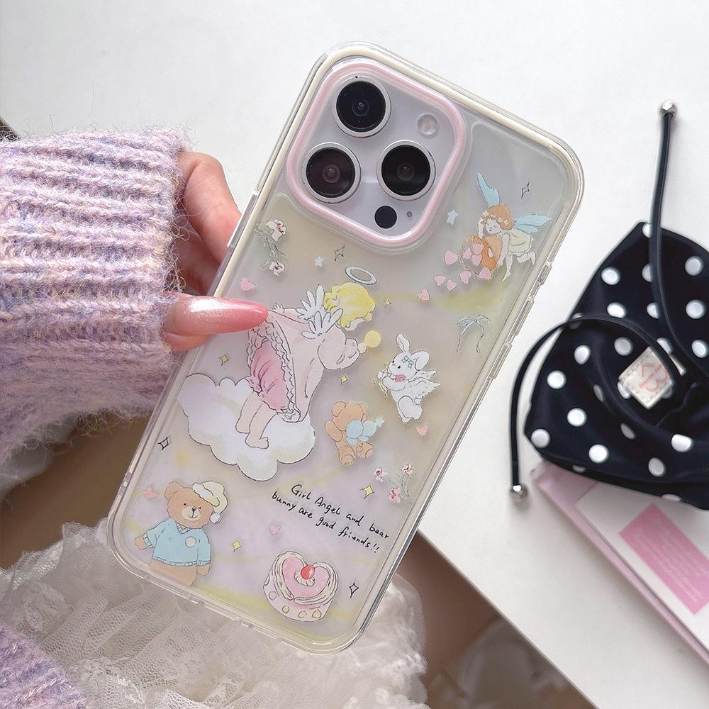 Angel Bear Illustration Suitable for iPhone17 anti-drop mobile phone case Colorful 2-in-1 Apple 16/15 protective case