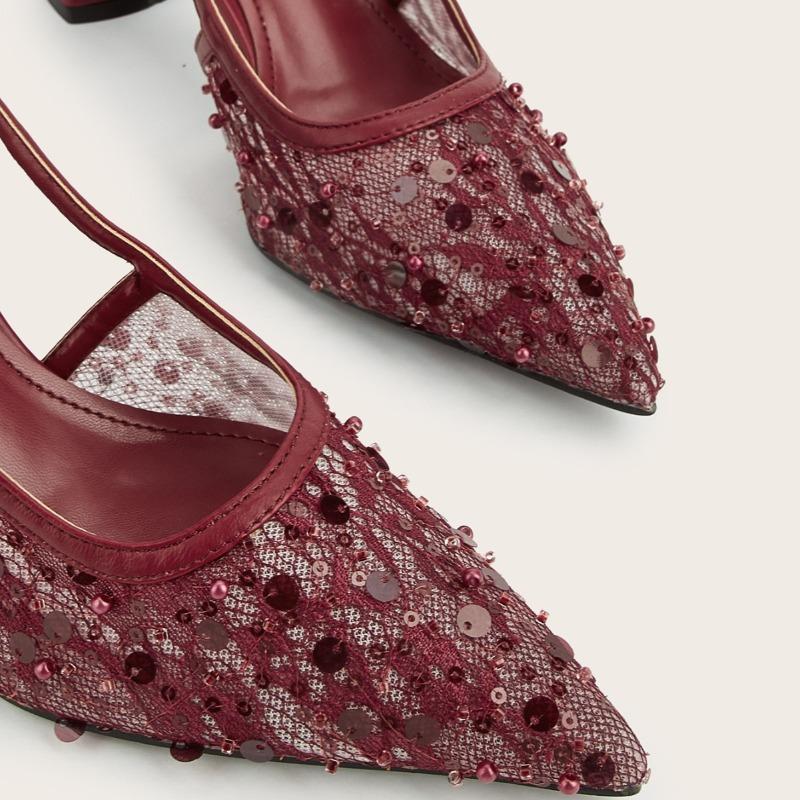 Mesh String Beads High Heels Women Bling Lace Pointed Toe Mules Slingback Dress Shoes Breathable Chunky Heel Women Sandals