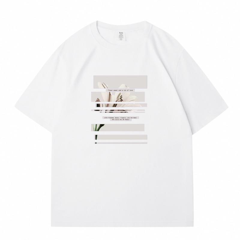 

New Women Cotton T Shirts Female White Flower Printed Tees Lady Dark Grey Casual Short Sleeve Tops for Summer S
