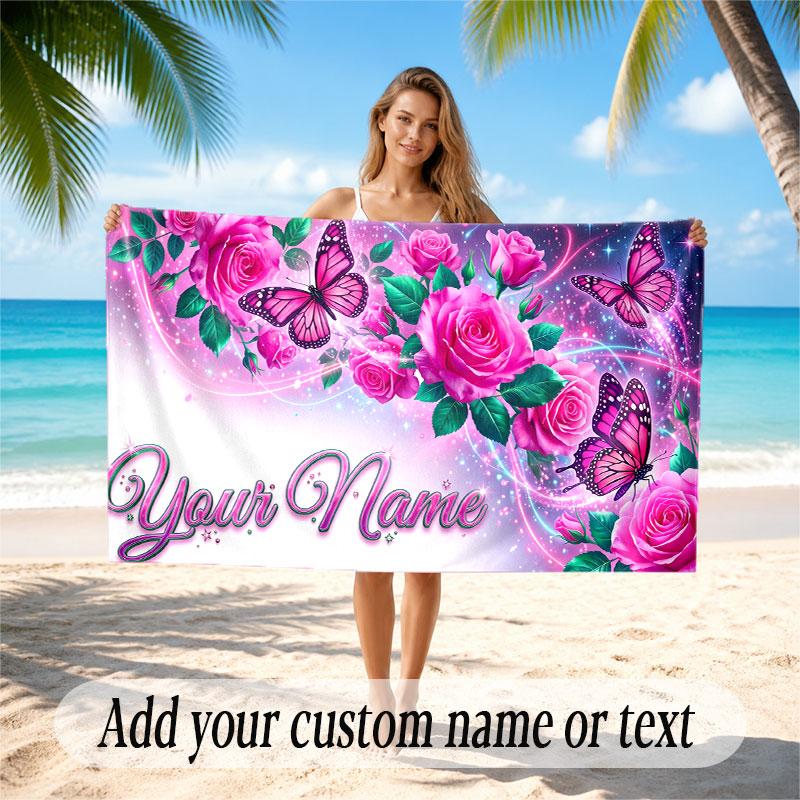 Butterfly Theme Soft Beach Towel Personalized Custom Name Text Towel Portable for Beach Pool Travel