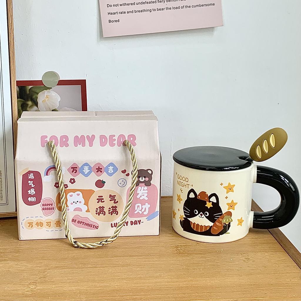 Brot Kätzchen Tasse mit Deckel Löffel Große Kapazität Keramiktasse für Mädchen Büro Wasserbecher Kaffee Frühstückstasse Männer