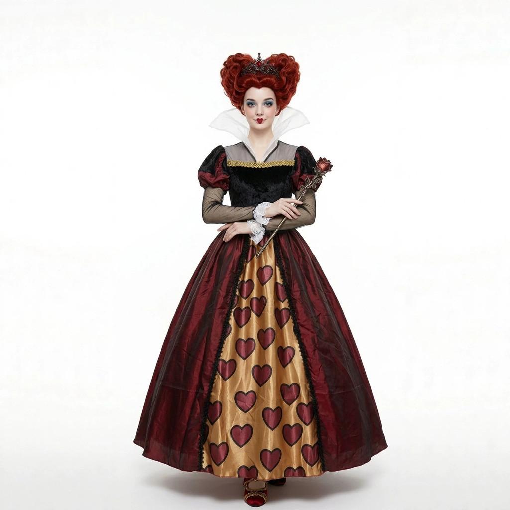 Alice In Wonderland Queen Of Hearts Cosplay Dress For Adults With Red Crown And Fabric Skirt Scene Costume