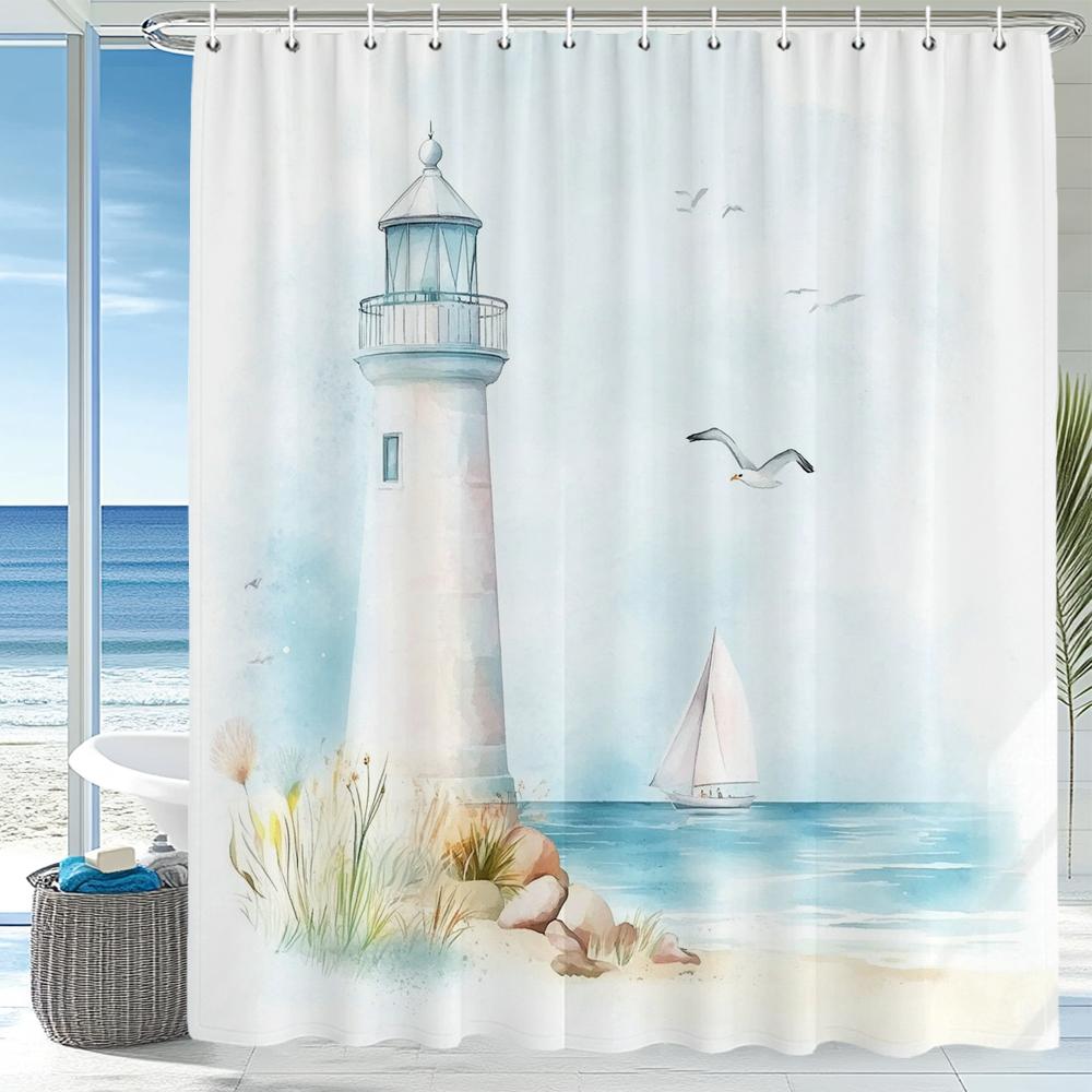 

Blue Ocean Beach Seaside Lighthouse View Shower Curtain, Bathroom Decorative Shower Curtains, Home Curtain With Hooks W60H190(CM)-1 Pcs
