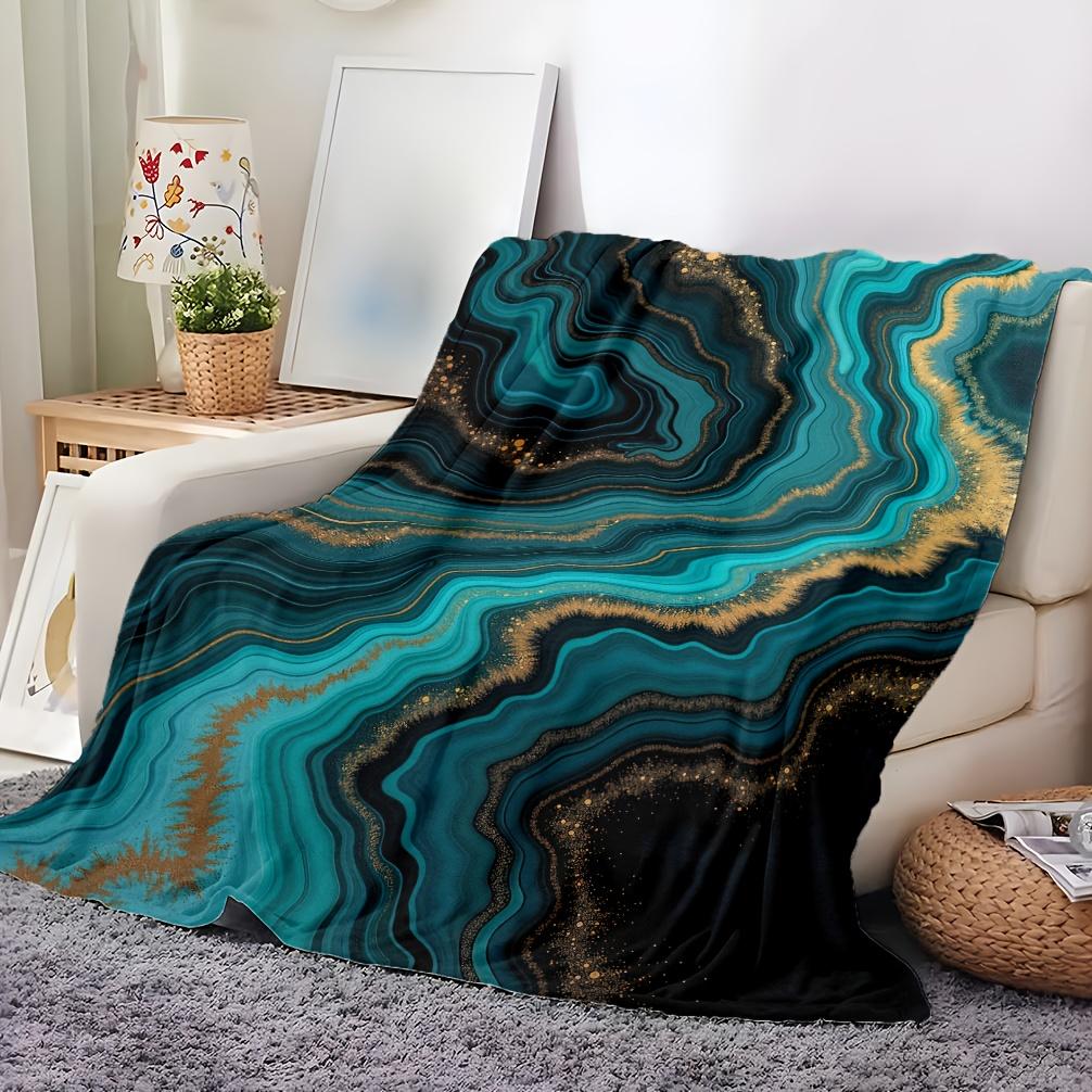 Abstract Art Fleece Blanket Turquoise Blue Golden Marble Design Soft Breathable All Season Luxury Throw for Home Decor Gift
