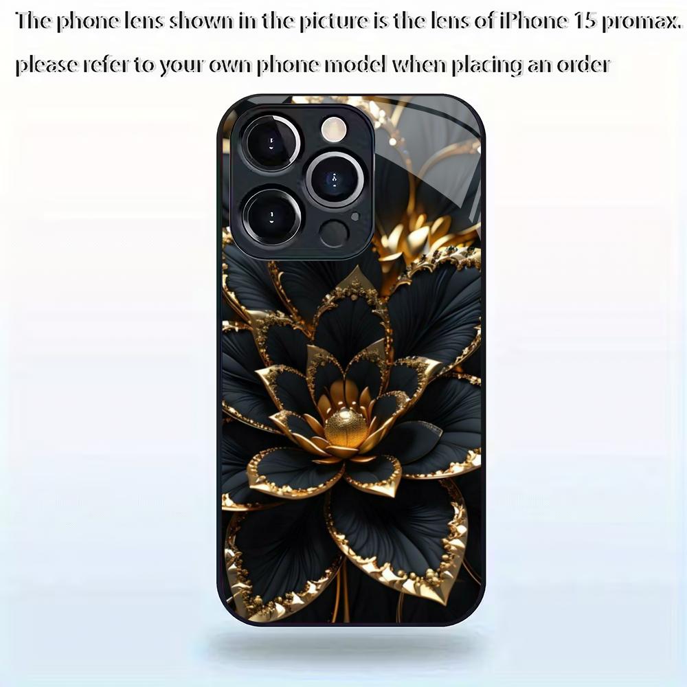 Black Lotus Patterned Tempered Glass Phone Case Suitable for iPhone 17 16 15 14 13 12 11 Pro Max Plus Anti Drop and Shockproof