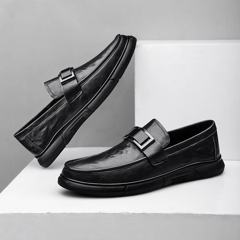 Fashion Metal Buckle Genuine Leather Loafers for Men Business Wedding Leather Shoes Soft Soled Casual Shoes Comfortable Driving Shoes