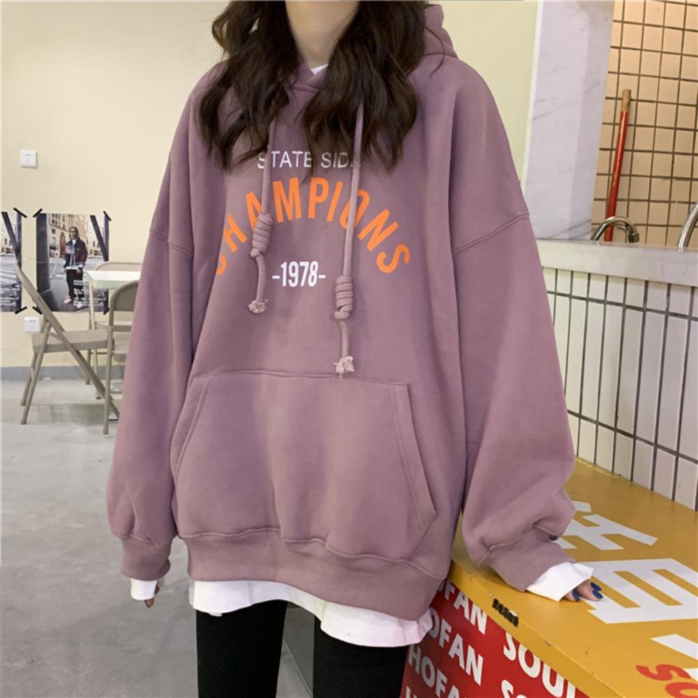 Women Letter Printed Hooded Sweatshirt Autumn Student Long Sleeve Loose Plush Pullover Hoodies Top