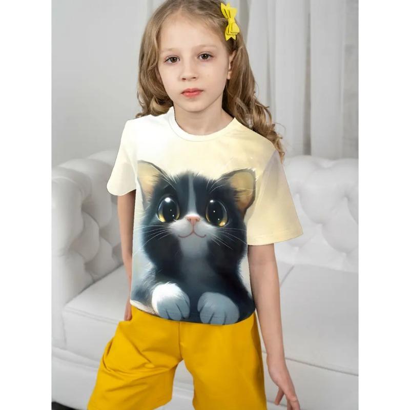 T-Shirts für Kinder Niedliche Katze 3D-Druck Sommer Lässig Cartoon-Muster Kurzarm-T-Shirts Outdoor Schlicht