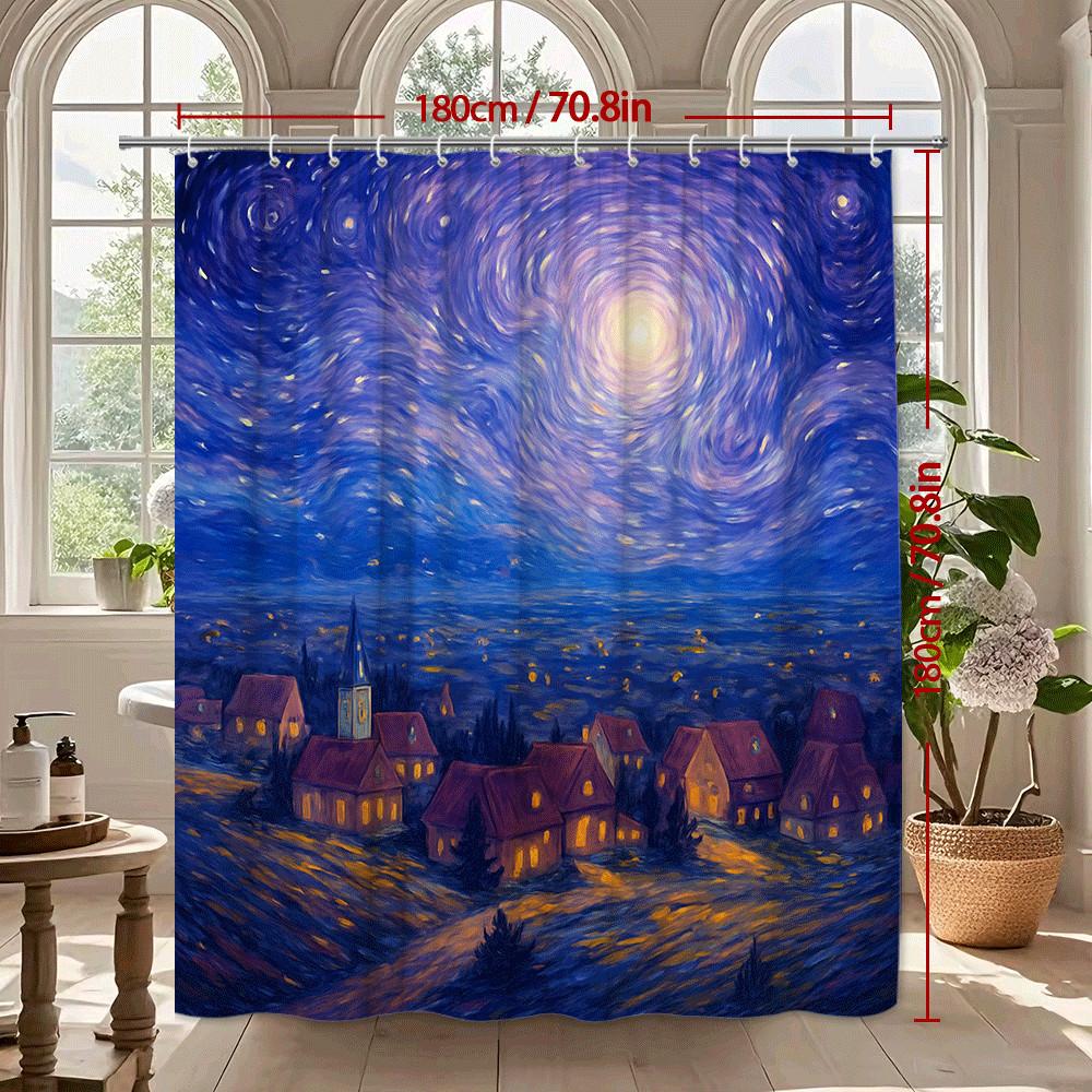 Starry Night Shower Curtain Van Gogh Art Painting Blue Sky Twirling Stars Village Scene Elegant Bathroom Decor Waterproof
