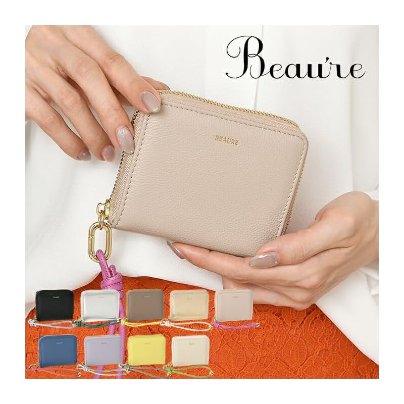 [BEAURE] [Vuret] B-24096 genuine leather short wallet round zipper mini wallet bi-fold with hand strap ladies P.Beige