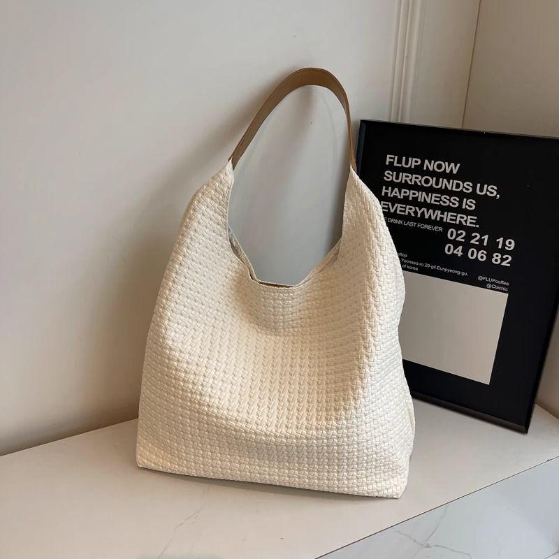 

Women s Large-Capacity Commuter Bag 2025 New Summer High-Grade Leather Woven Tote Bag Shoulder Underarm Bag Rice White