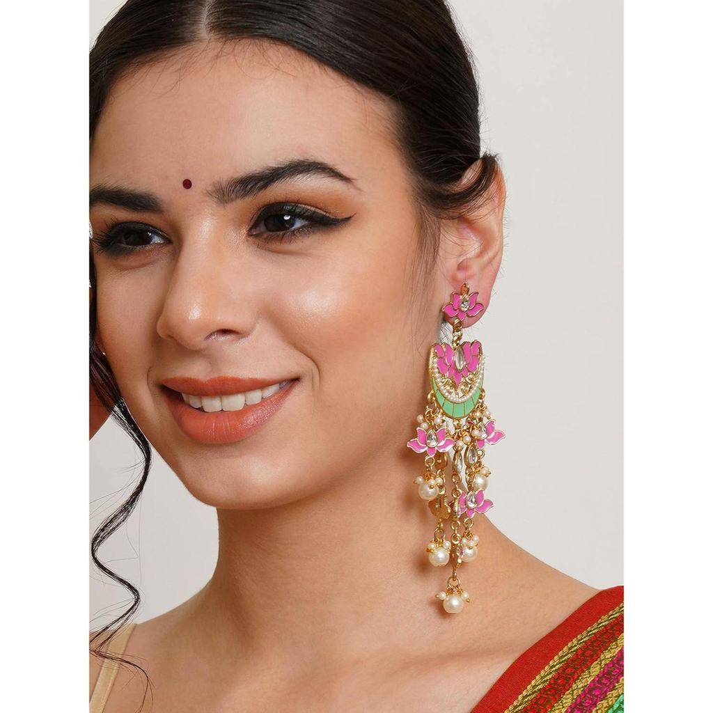 Pink Meena Lotus Design Kundan Dangler Earrings for Women