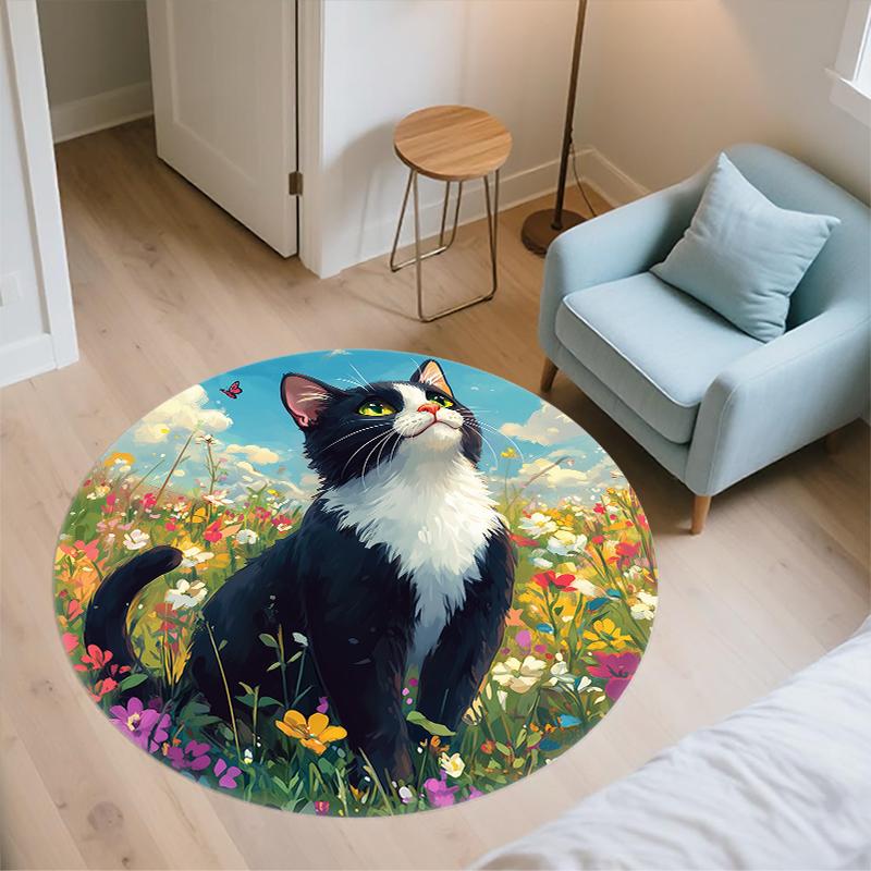 Tuxedo cat pattern round rug,Carpet Rug for Living Room Bedroom Playroom ,Non-slip Floor Mat,Holiday Gifts and Birthday Gifts.
