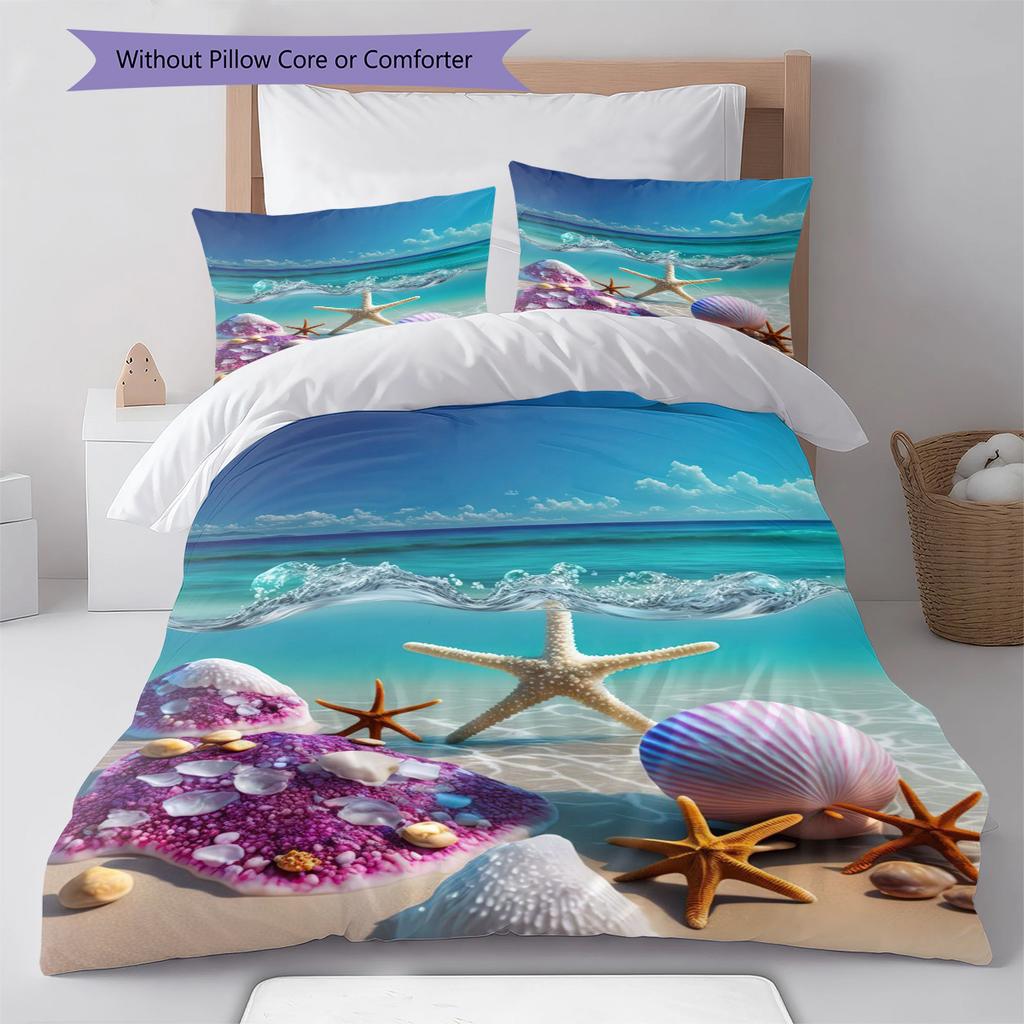 Beach Sea Shell Pattern Bedding Quilt Set Quilt Cover Pillowcase Home Decoration Birthday Gift (1 * duvet cover + 2 * pillowcase, without core)
