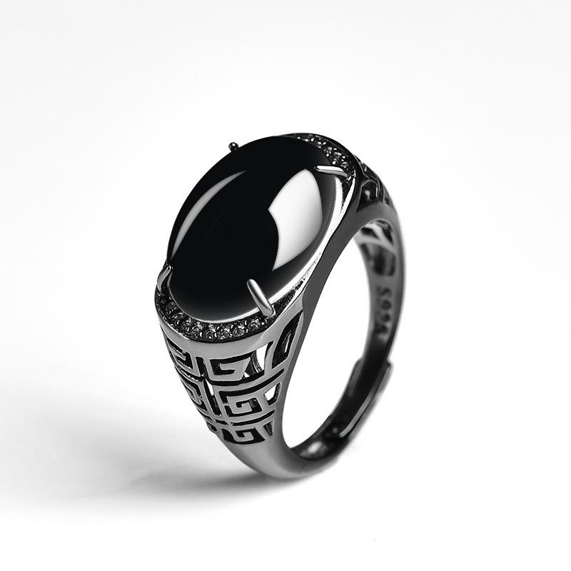 

Vintage Silver Ring with Natural Black Jade Black and White Silver Skeleton Single Ring Adjustable Fine Jewelry for Men resizable