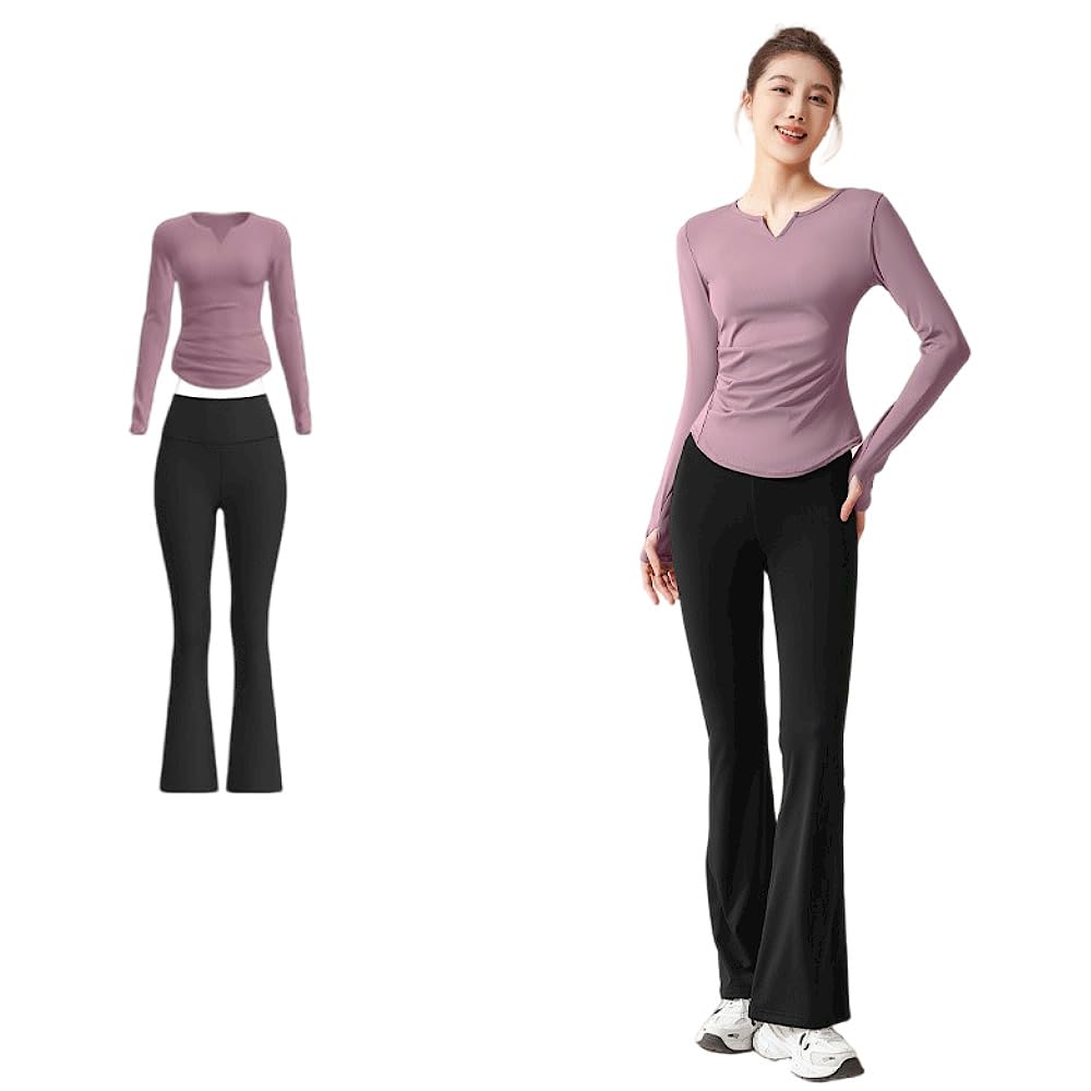 

Karsaer Йога и Пилатес Лонгслив Облегающий Расклешенный Топ для Йоги для Живота для Зала на Все Сезоны Женский Комплект, Брюки, Утягивающий, Стильный, Дышащий,