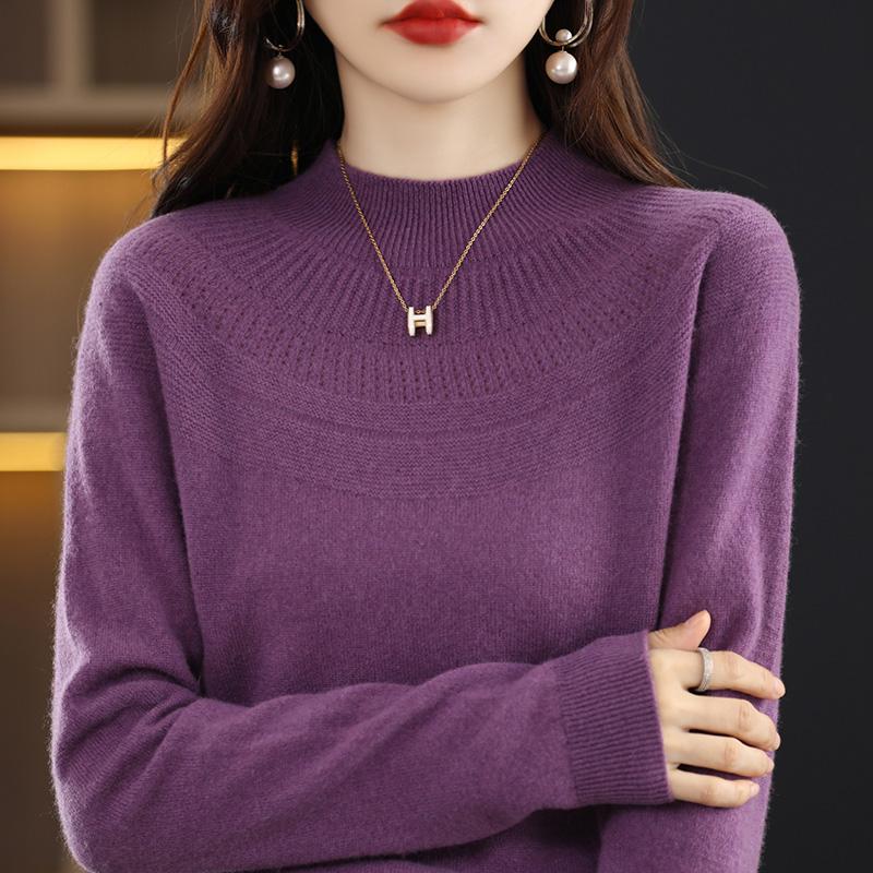 

Женский свитер из чистой шерсти, новый вязаный свитер с полувысоким воротом, ажурный кашемировый свитер, свободный и тонкий свитер-джемпер S темно-фиолетового