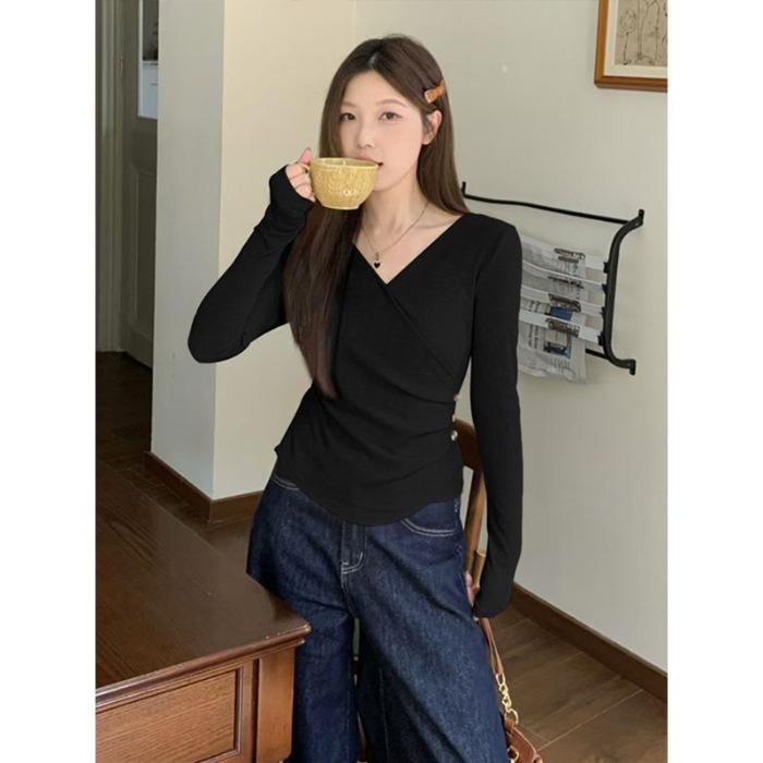 

[220g 1x1 German velvet] Irregular cross V-neck waist long-sleeved T-shirt women s new autumn and winter slim-fitting versatile XL чорний