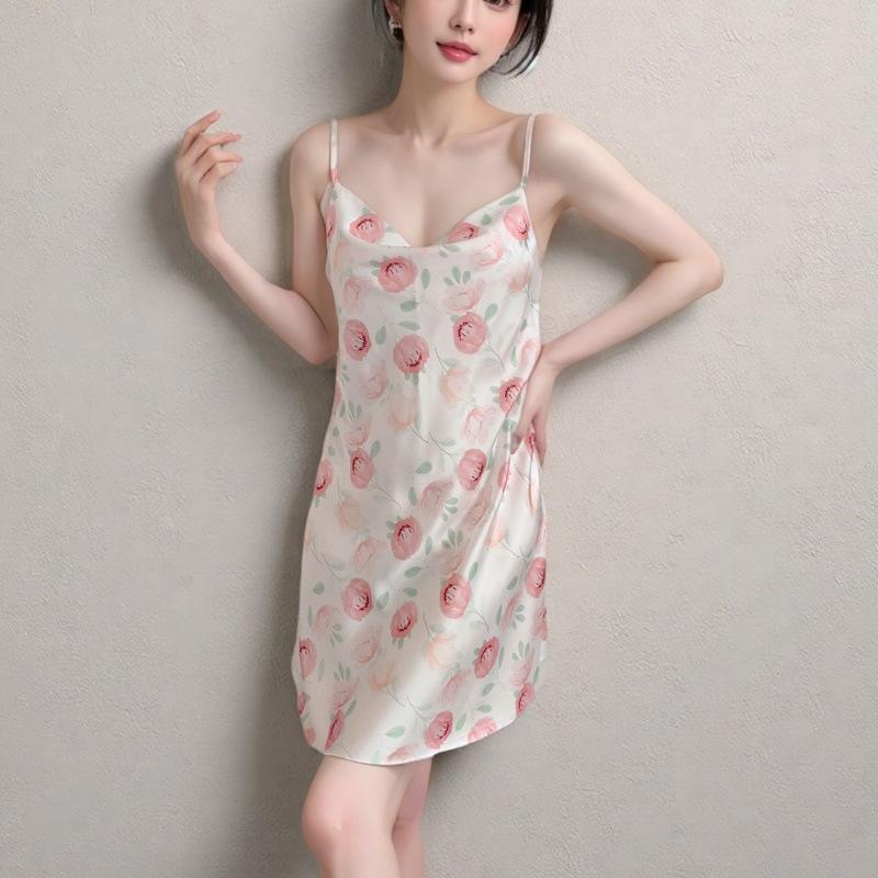 Ice and snow pajamas spring and summer women's sexy suspender vest nightdress thin swing neck print