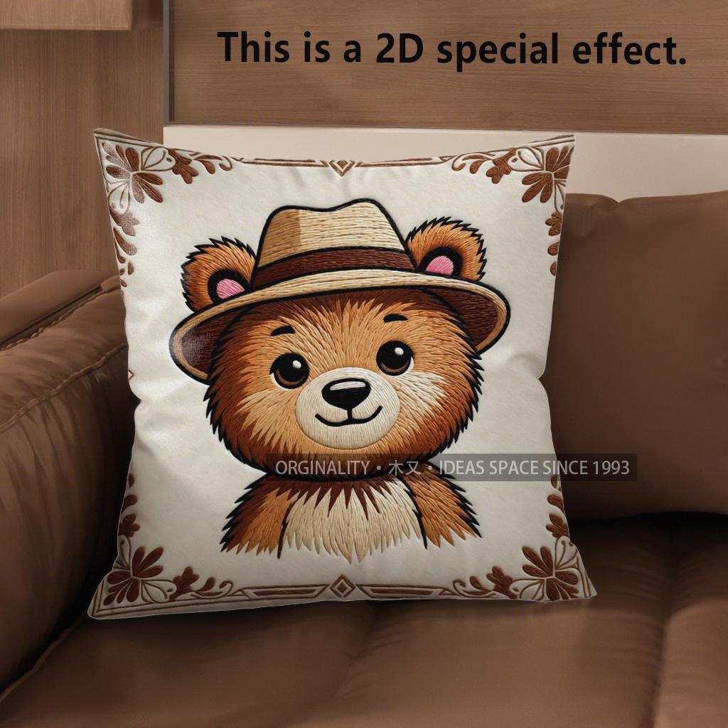 2D Cute Bear Pillows With Hats For Home Decor Pattern Cushion Cover Suitable For Sofa Bedroom Car Pillow Cover