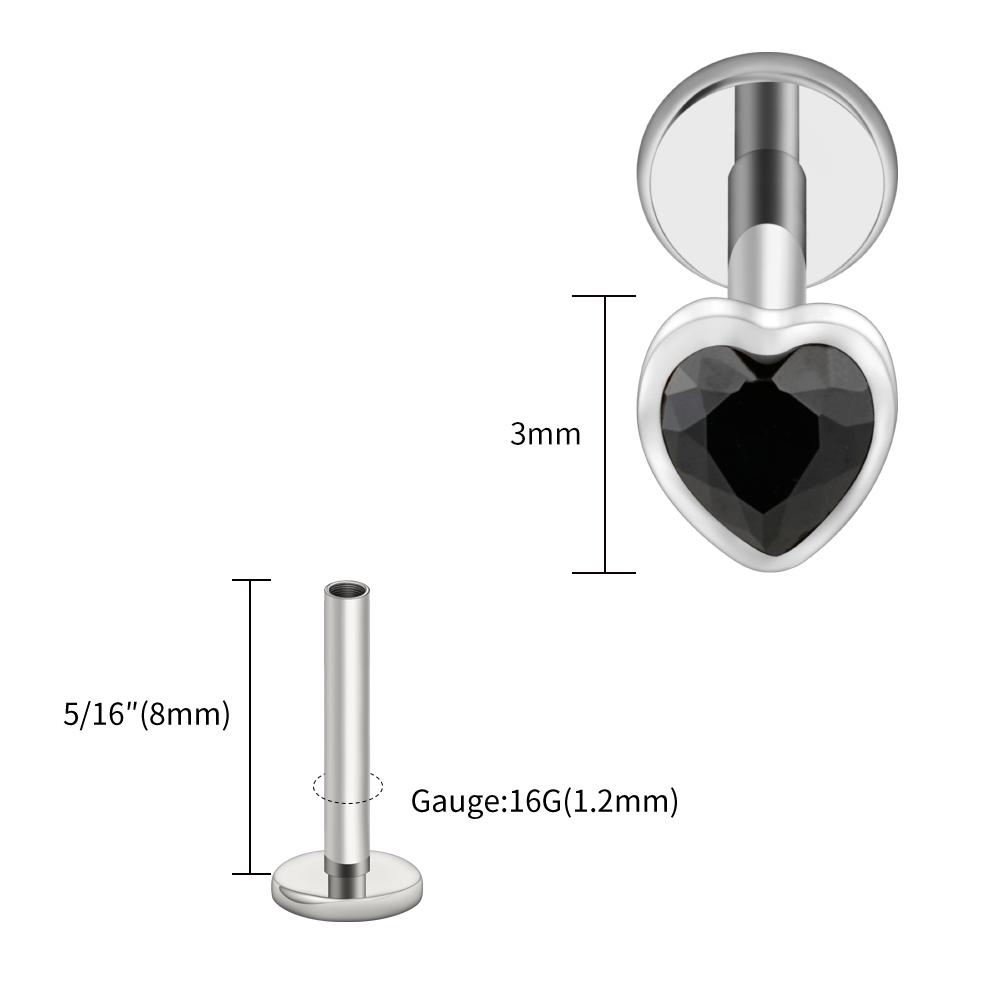 Right Grand ASTM F136 Titanium Heart Shaped CZ Flat Back Labret Stud 16G Garnet Cartilage Helix Ear Piercing Halloween Jewelry