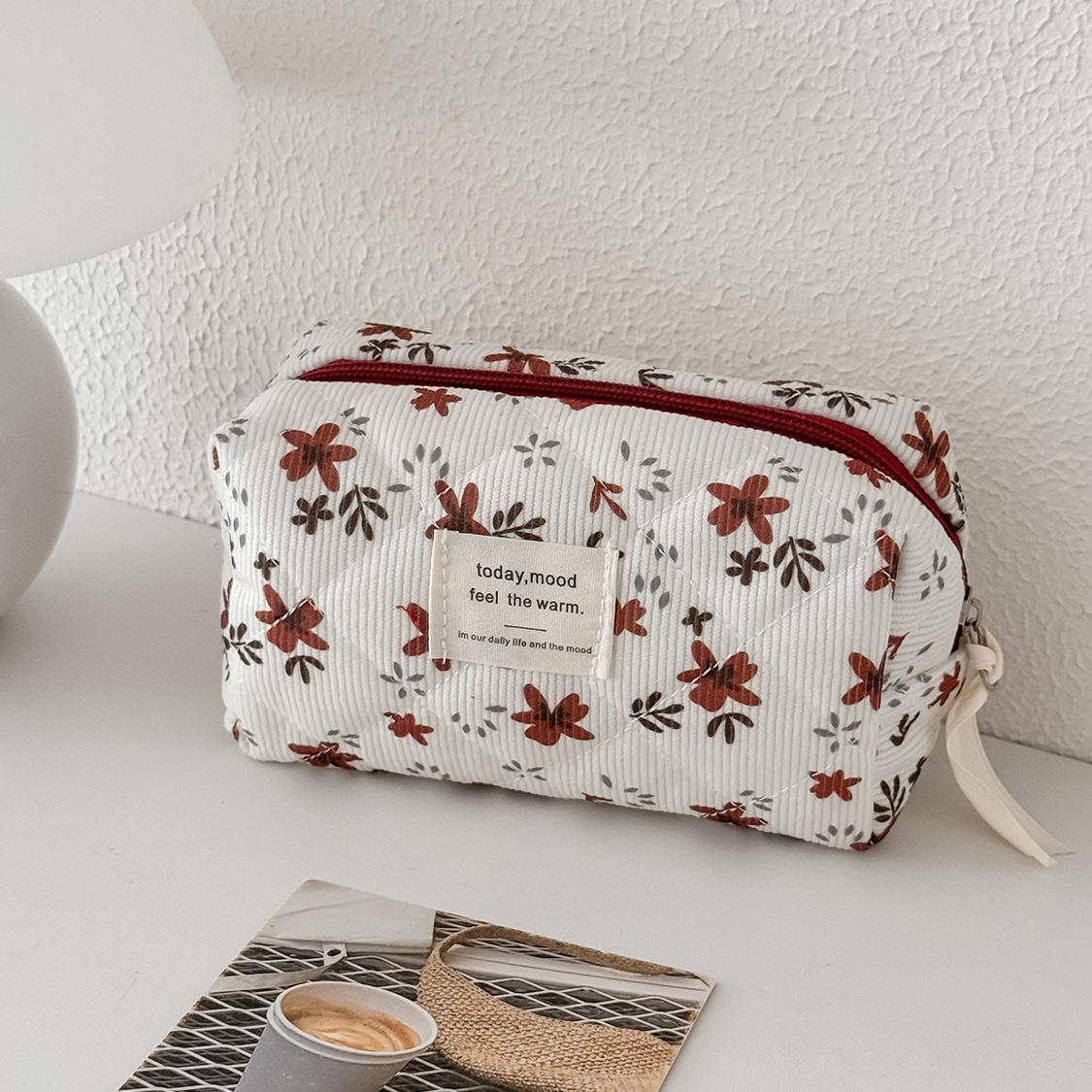 

Vintage Orange Flower Corduroy Tote Women s Bag Travel Organizer Toiletry Cosmetic Handbag Pouch Ladies Quilted Clutch Bag
