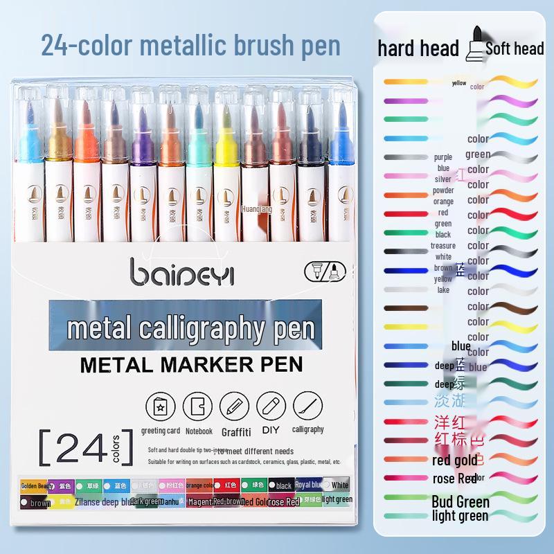 24-Color Dual-Tip Calligraphy and Metallic Pearlescent Outlining Pen Set