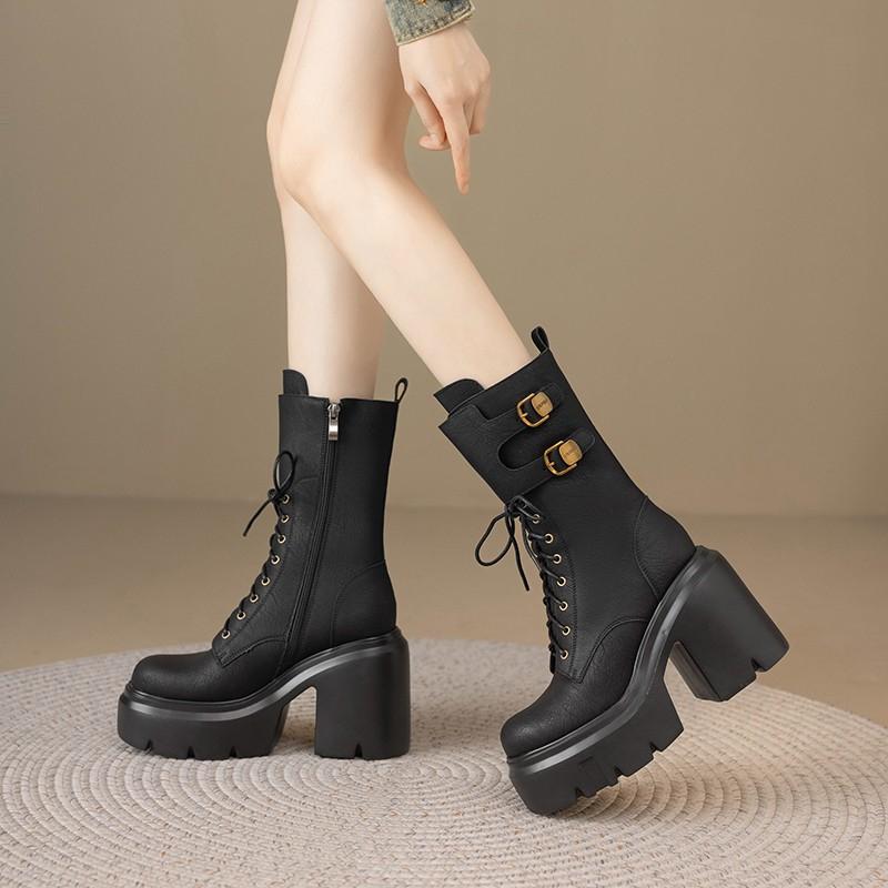 

Studded Mid-Tube Boots Winter New Round Toe Lace-Up Platform Side Zipper Non-Slip Block Heel Shoes 40
