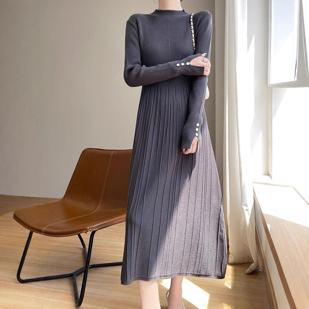 Semi-turtleneck Solid Color Sweater Skirt Autumn and Winter Temperament Versatile Long Dress Slim and Thin a Word Knitted Bottoming Dress Women
