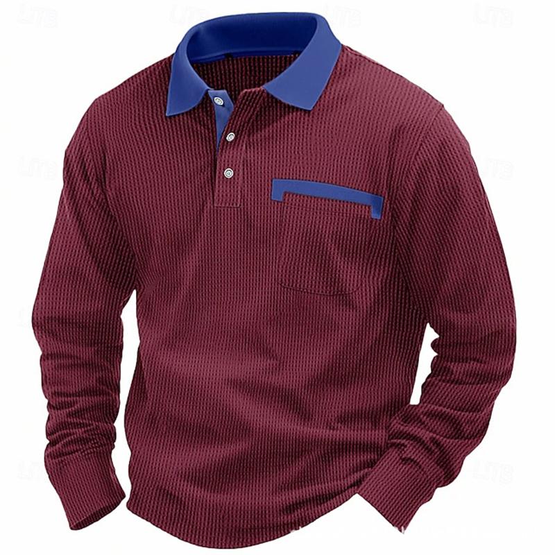 Frühling Herbst Casual Herren Polo Shirts Langarm Button-up Revers Patchwork Tops Vintage Männer Kontrast Farbe Waffel T-shirts