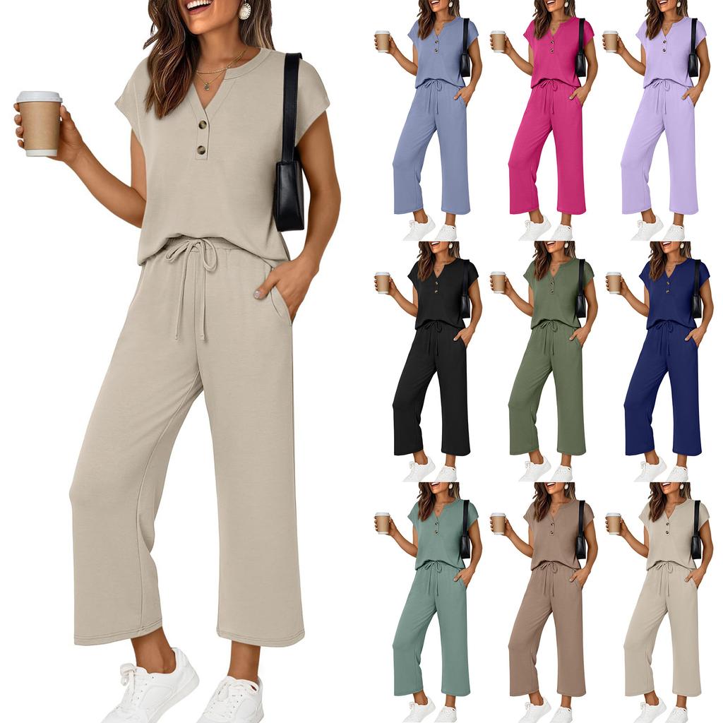 Women's Fashionable Casual Comfortable -Colour Small V-Neck Button-Front Short-Sleeved Two-Piece Suit