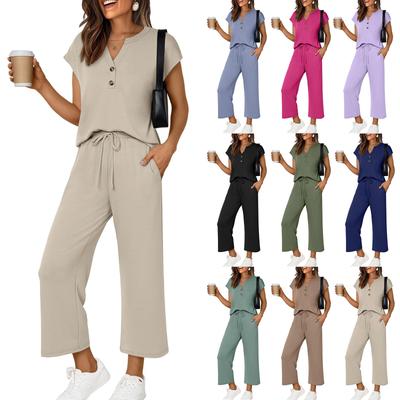Women's Fashionable Casual Comfortable ,Colour Small V,Neck Button,Front Short,Sleeved Two,Piece Suit