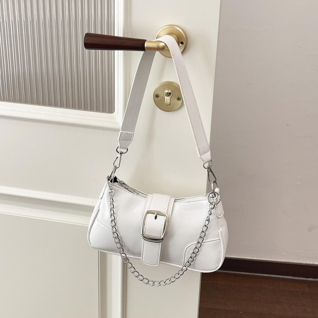 Silver Shoulder Bag Chain Handbag Fashion Bag Solid Color Pu Leather Ladies Bag French Style Underarm Shopper Purse Black Bolsos