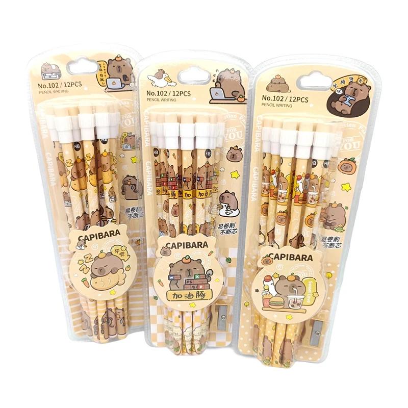 

Cute Cartoon Capybara HB Pencils Set Includes Pencil Sharpener Perfect School Stationery Gift for Students