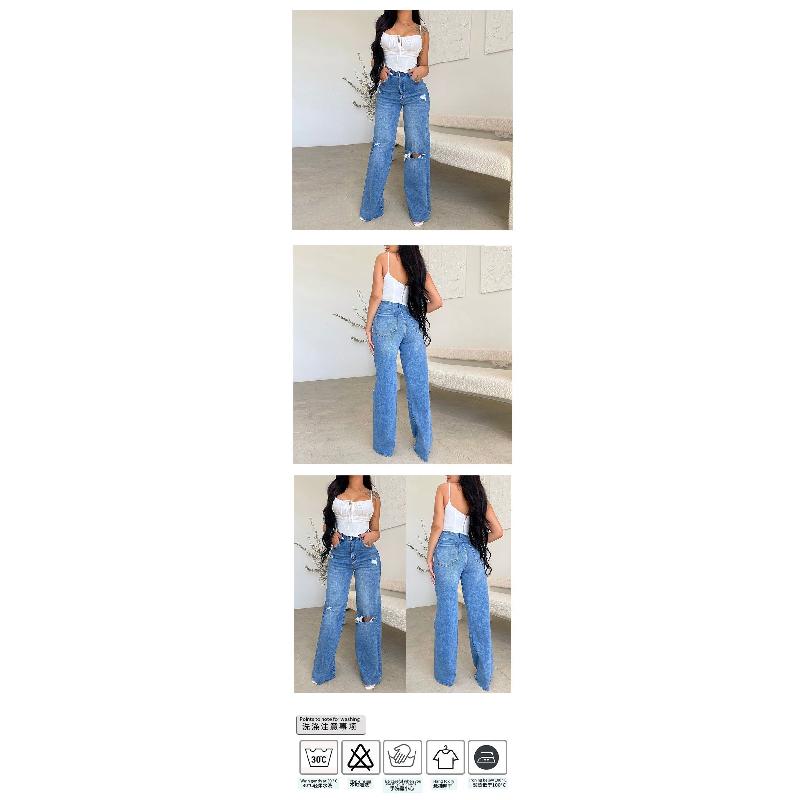 Jeans lunghi da donna a vita alta strappati con orlo sfilacciato comodi a gamba larga