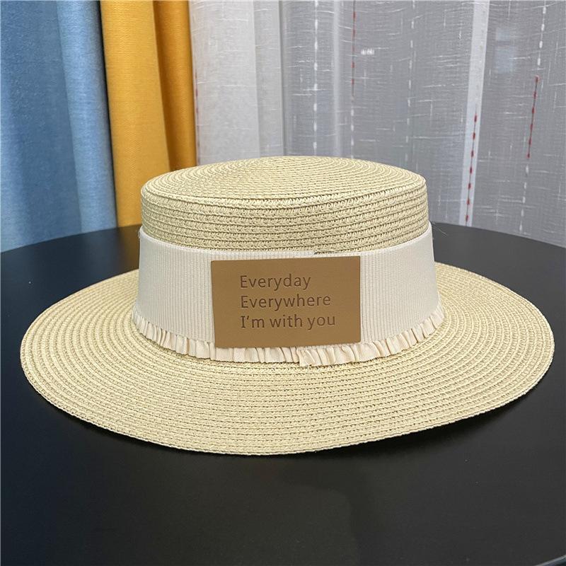 

Новая папирусная плетеная шляпа-таблетка, соломенная шляпа с лентой с надписью, весенне-летняя дорожная шляпа от солнца с козырьком Adult (56-58cm) бежевый