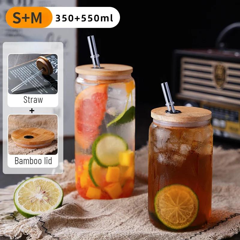 Drinking Cup Glasses with Bamboo Lid Juice Glass Straws Beer MugIce Coffee Mugs Cute Glasses Beer Jars Glasses Brush Drinkware