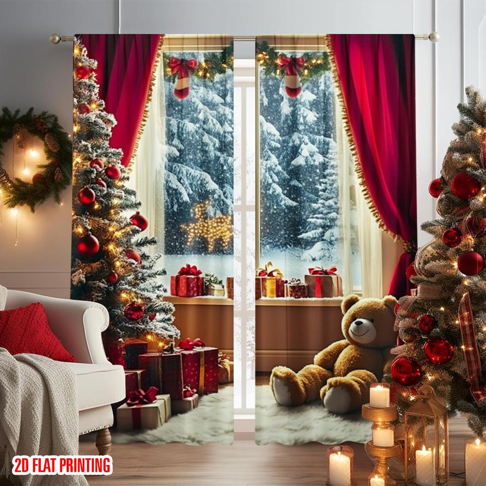 2pcs 2D Flat Printing Merry Christmas Popular Window Curtains Christmas On Machine Washable Polyester Without Electricity Family