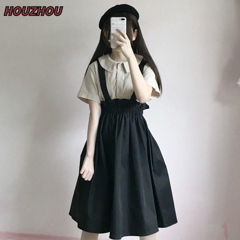 Kawaii Простота Юбка на бретельках Повседневная милая юбка-трапеция Однотонная юбка в японском стиле Юбка-миди с высокой талией Однотонная эластичная юбка на талии L чёрный