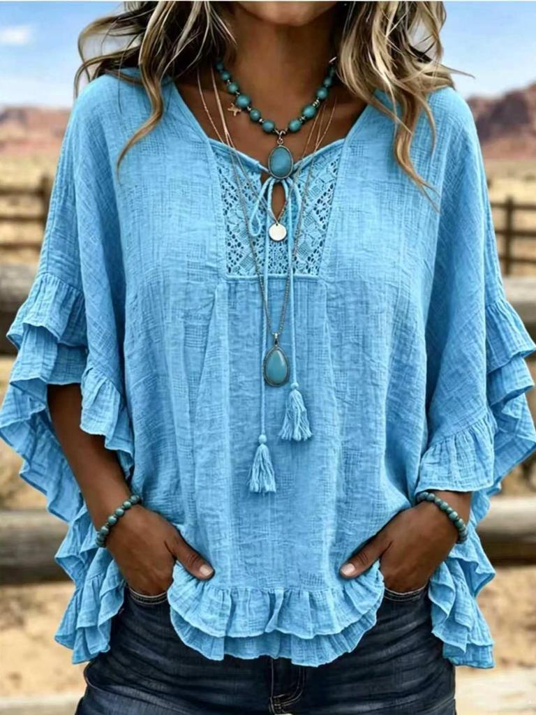 Summer 2026 European & American Tassel T-shirt: Solid Color, Loose Fit, Ruffled Women's Top